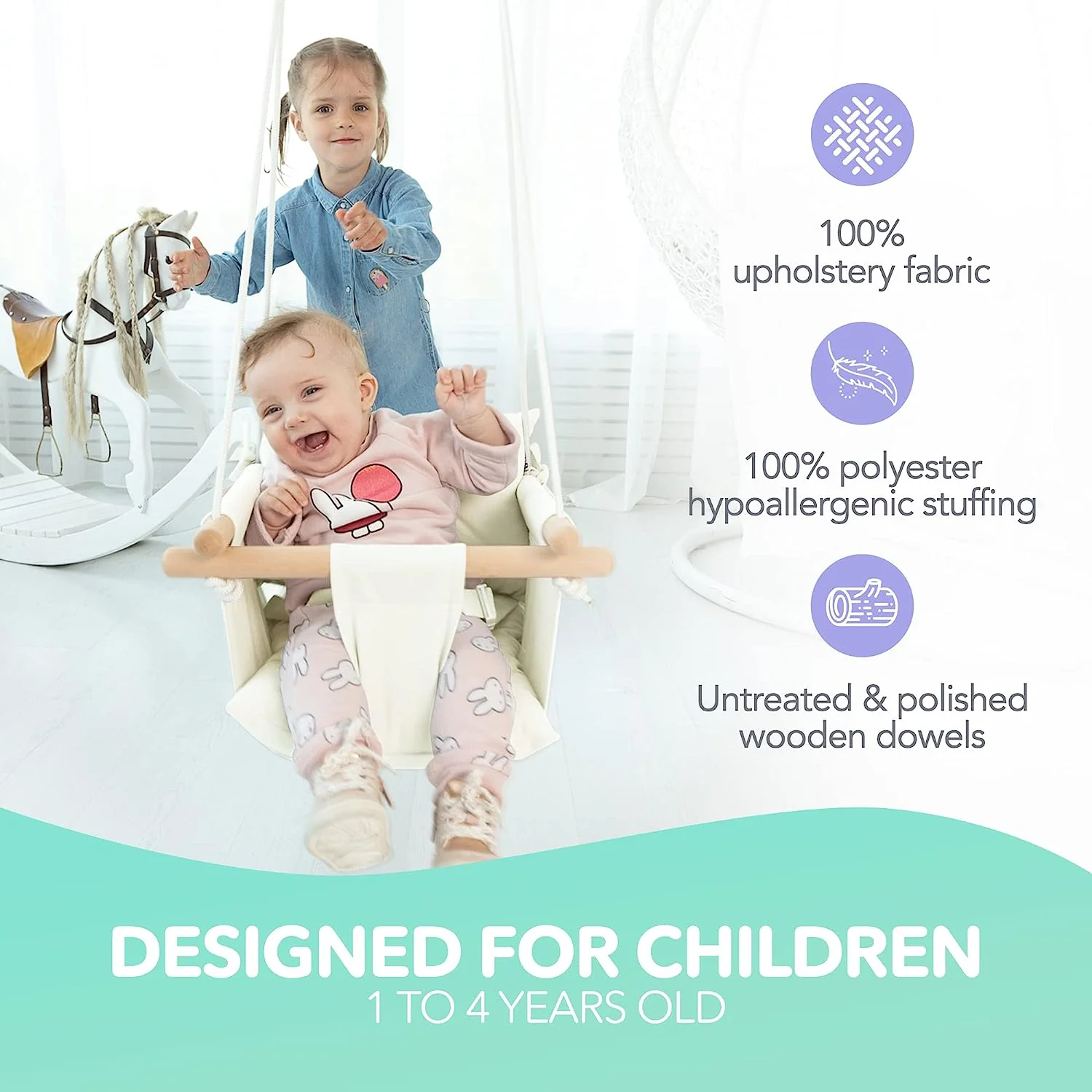 Babyschaukel aus Segeltuch, hängender Schaukelsitz aus Holz mit Sicherheitsgurt, langlebiger Baby-Hängemattenstuhl, Außen- und Innenschaukel für Kinder, Montagezubehör im Lieferumfang enthalten, Elfenbeinfarben