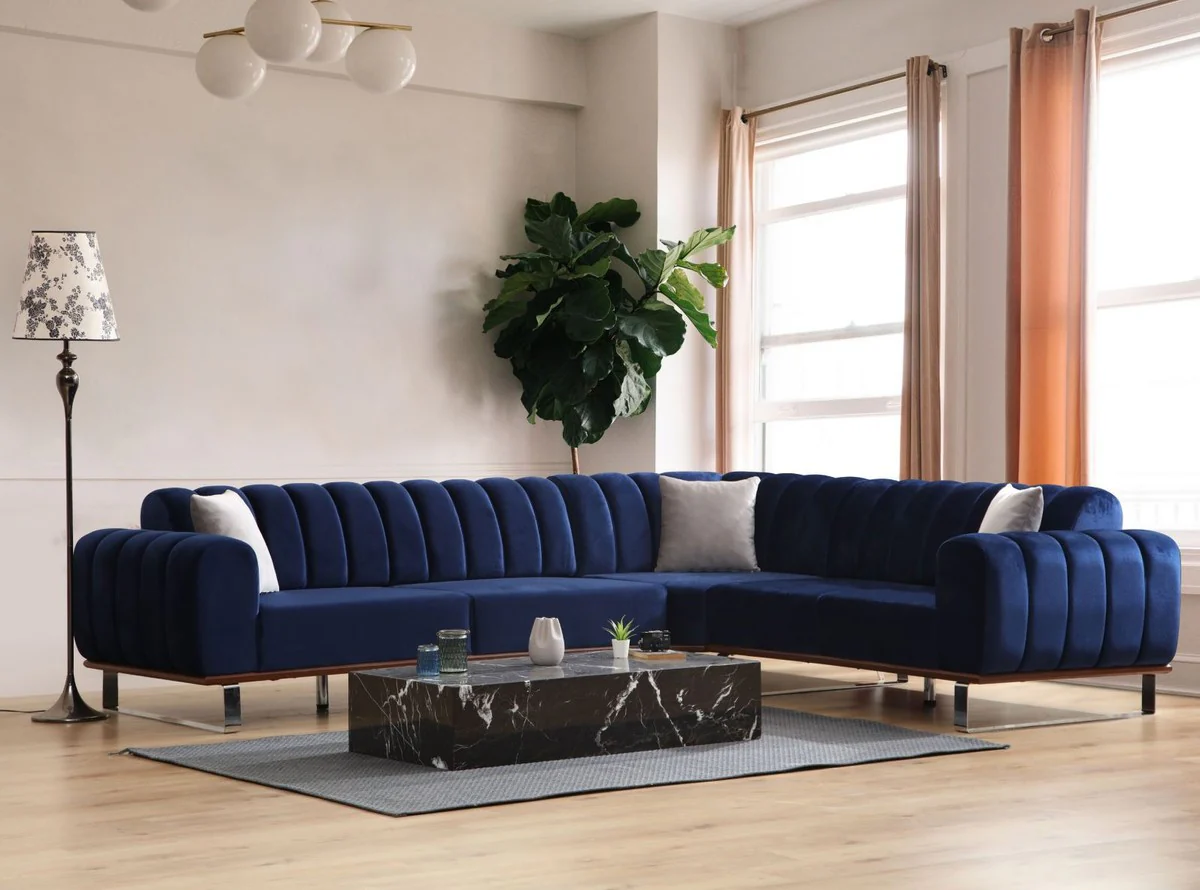 Luxus Ecksofa mit verstellbaren Rückenlehnen Blau / Braun / Silber 320 x 180 x H. 80 cm - Wohnzimmer Sofa - Wohnzimmer Möbel - Luxus Möbel - Luxus Einrichtung