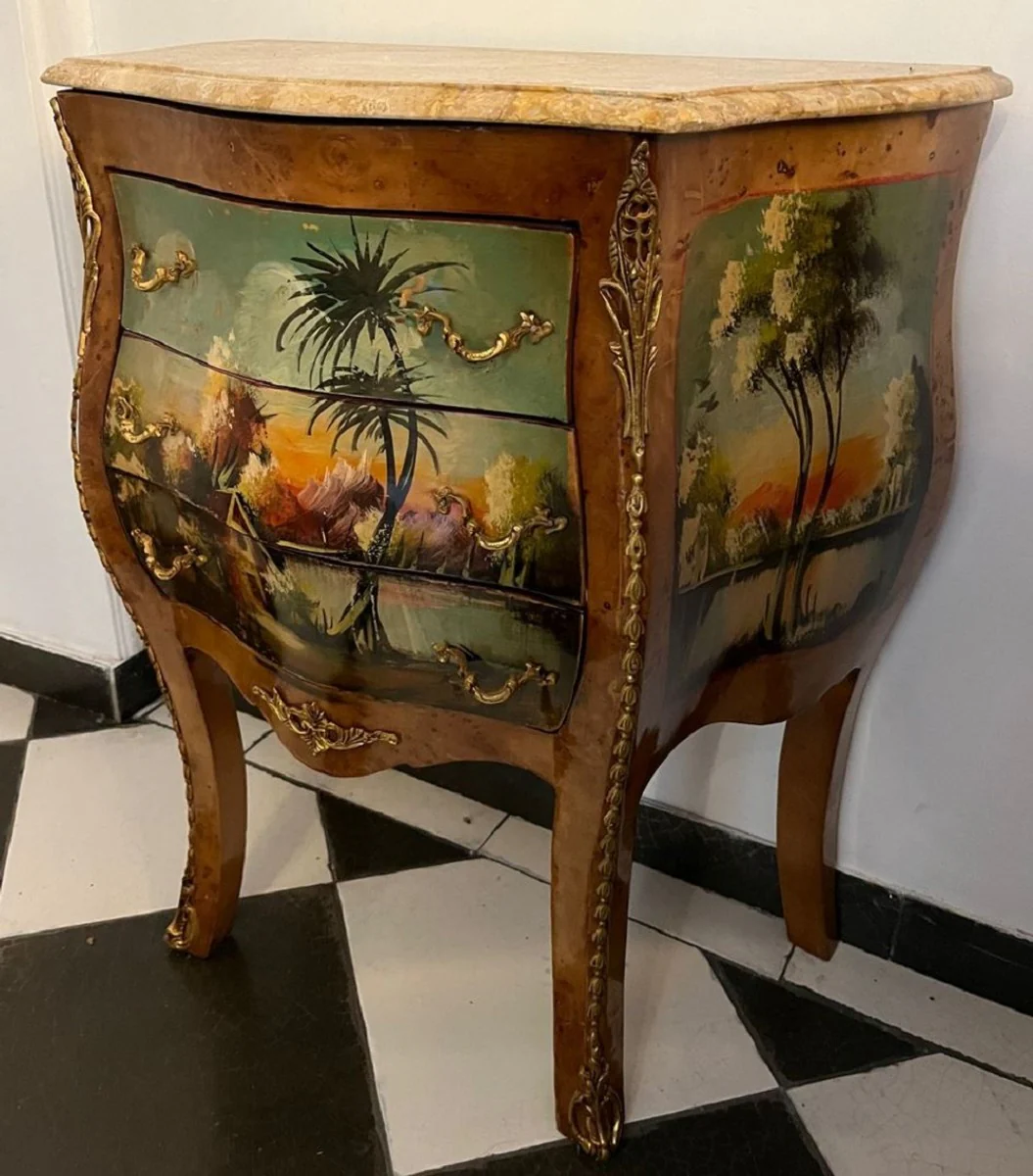 Baroque chest of drawers brown / multicolored / cream - handmade baroque style night dresser with marble top and 3 drawers - baroque furniture - bedroom furniture in baroque style
