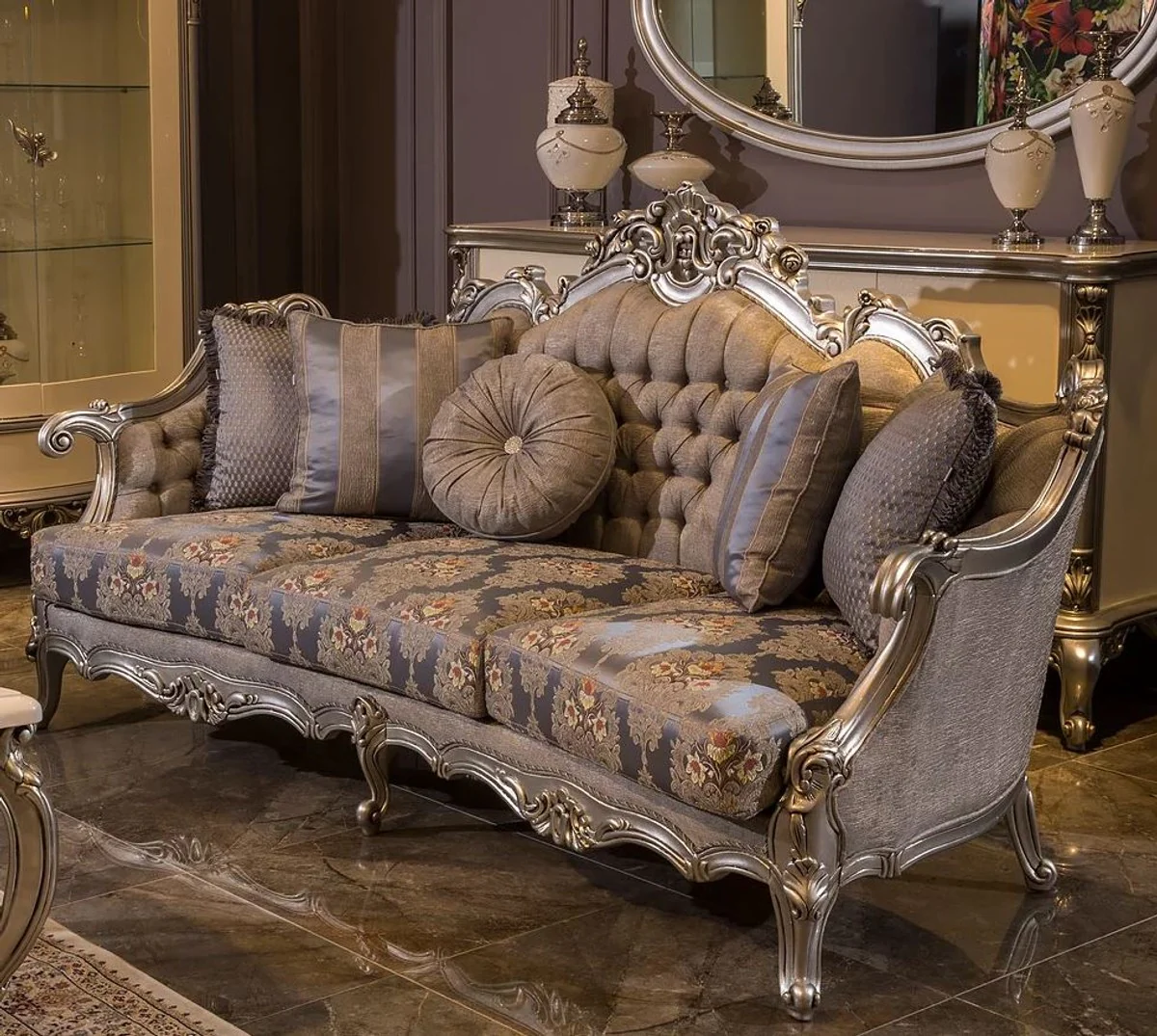 Luxury baroque sofa gray / blue / silver 227 x 93 x H. 117 cm - Magnificent living room sofa with floral pattern and decorative pillows - Baroque living room furniture