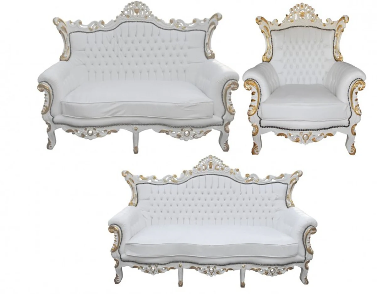 Barock Wohnzimmer Set Master Weiss / Gold - 3er Sofa + 2er Sofa + 1 Sessel