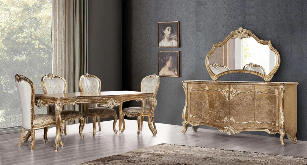 Luxury Baroque Dining Room Chair Set White / Gold / Antique Gold - Handmade Kitchen Chairs Set of 6 with Elegant Pattern - Baroque Dining Room Furniture - Noble & Magnificent