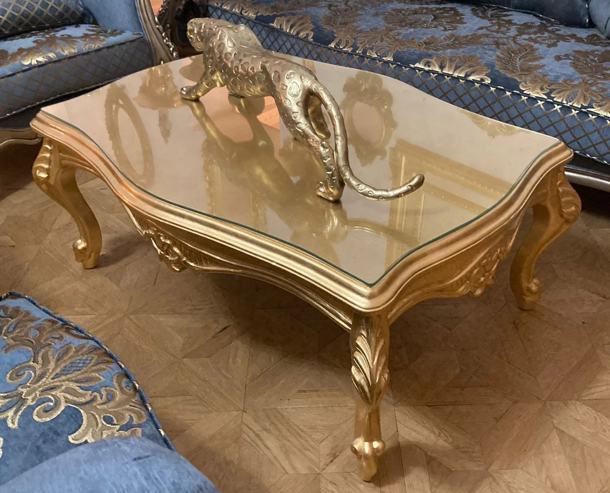 Luxury baroque coffee table with glass top gold - Rectangular solid wood living room table in baroque style - Baroque furniture - Luxury furniture in baroque style - Baroque furnishings - Noble & magnificent