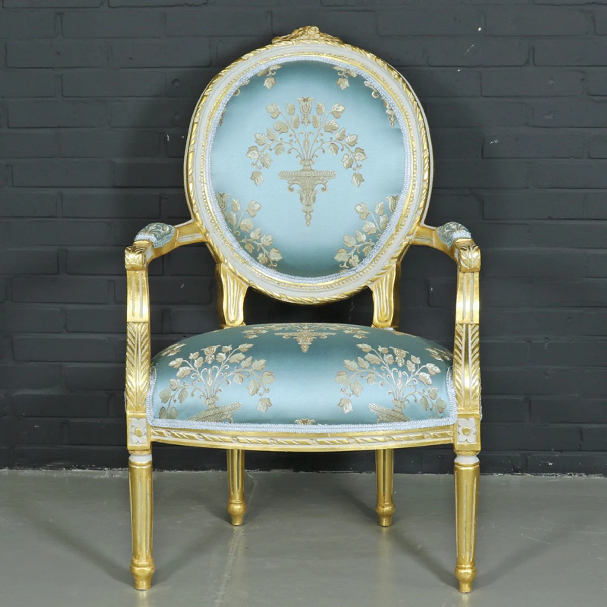 Baroque salon chair medallion Mod2 with armrests light turquoise / gold - antique style chair