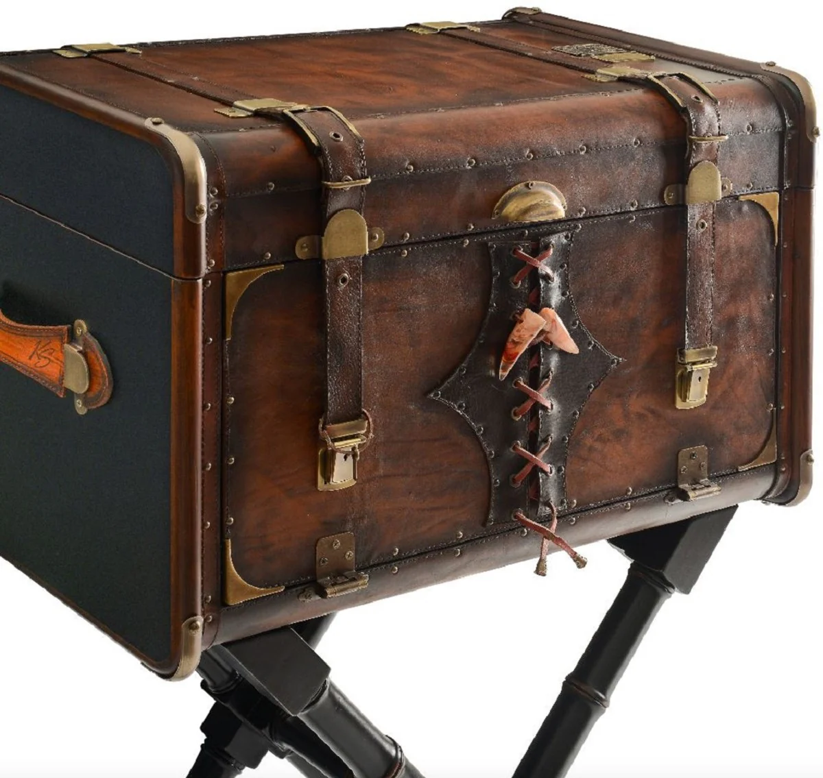 Luxury leather minibar in suitcase look brown / black / brass 45.5 x 45.5 x H. 73 cm - real leather minibar - bar furniture - real leather furniture - luxury furniture in suitcase look