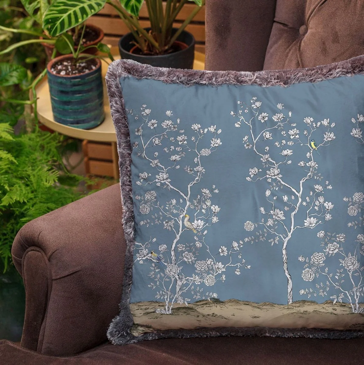 Luxury decorative cushion bushes with flowers & birds blue / multicolored / gray 45 x 45 cm - printed velvet cushion with fringes - luxury decorative accessories