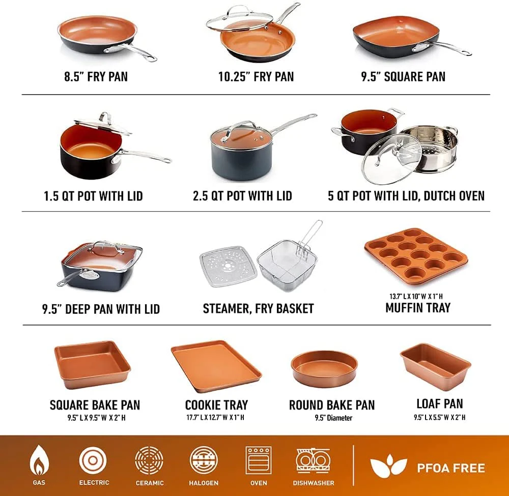 Töpfe- und Pfannenset aus Stahl, 20-teiliges antihaftbeschichtetes Kochgeschirrset, langlebiges antihaftbeschichtetes Küchenset mit Pfannenset, Topfset, Backset, kühl bleibende Griffe, spülmaschinenfest, 100 % schadstofffreies Kupfer