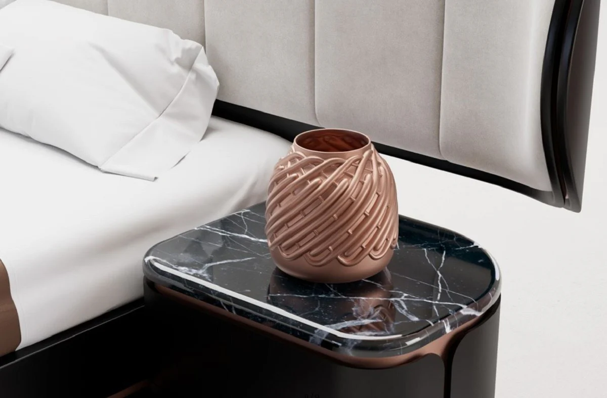 Luxury nightstand black / copper 60 x 50 x H. 57 cm - Solid wood bedside table with 2 drawers and marble top - Bedroom furniture - Hotel furniture - Luxury furniture