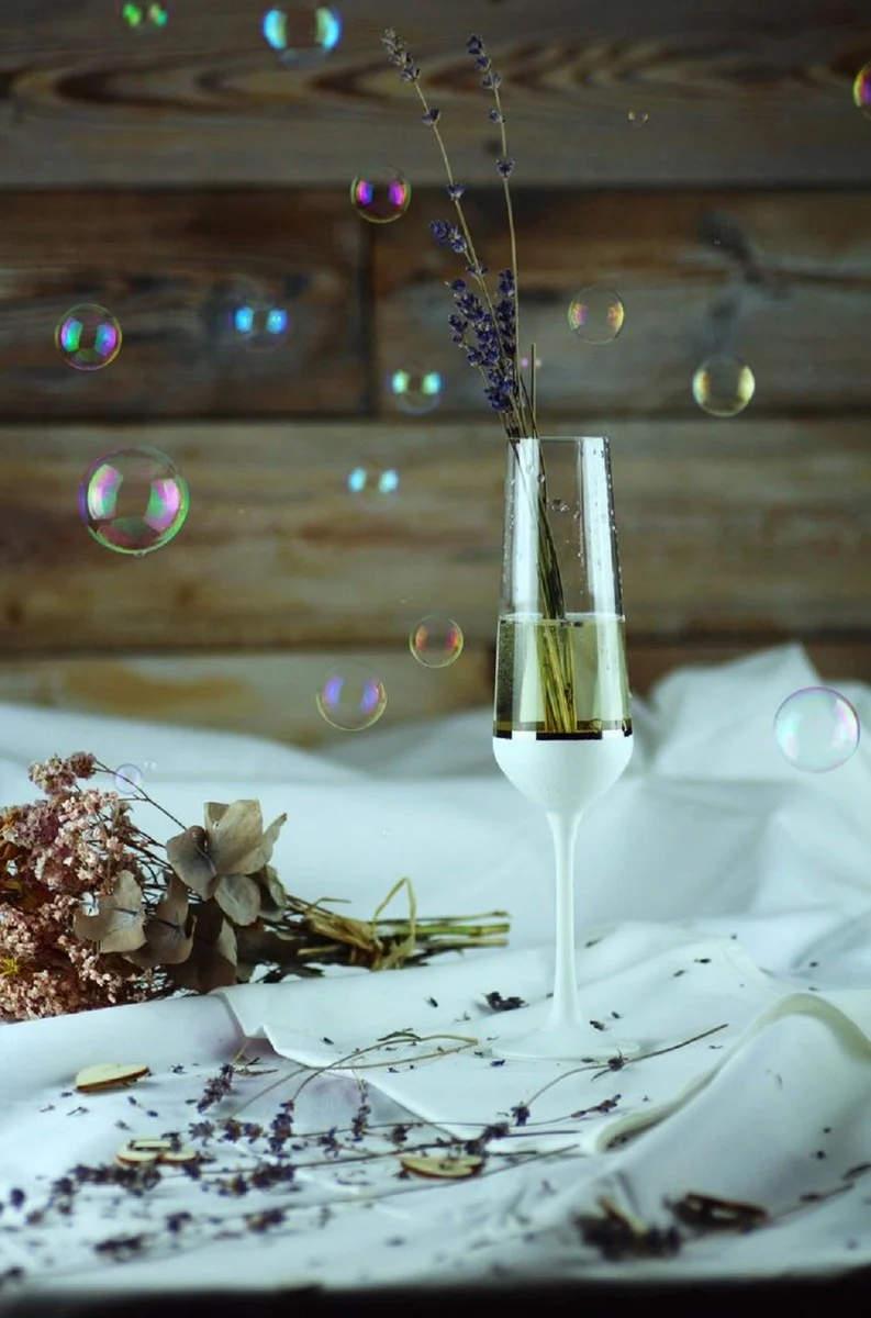 Luxury champagne glasses set of 6 white / silver Ø 6.5 x H. 26.5 cm - handmade and hand-painted champagne glasses - hotel & restaurant accessories - luxury quality