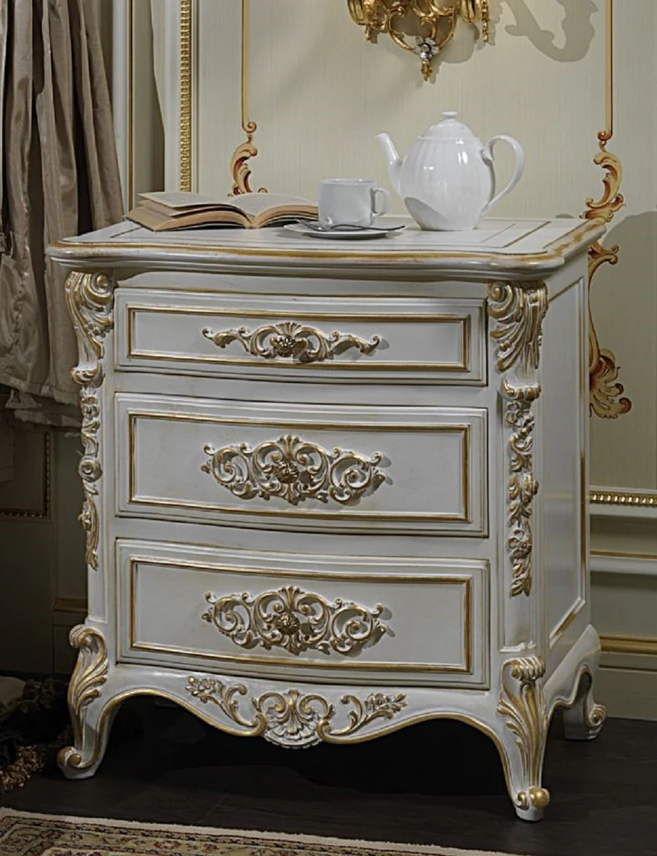 Luxury Baroque nightstand white / gold 56 x 39 x H. 72 cm - Magnificent Baroque bedside table - Bedroom furniture - Hotel furniture - Castle furniture - Luxury quality - Made in Italy