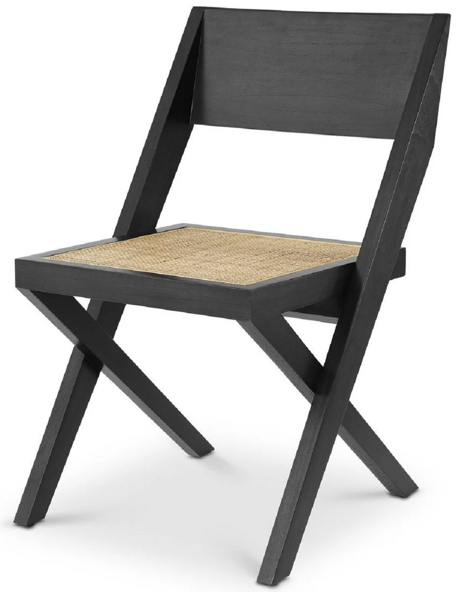 Luxury dining room chair black / natural colors 53 x 56 x H. 85 cm - solid wood chair with rattan weave - luxury dining room furniture