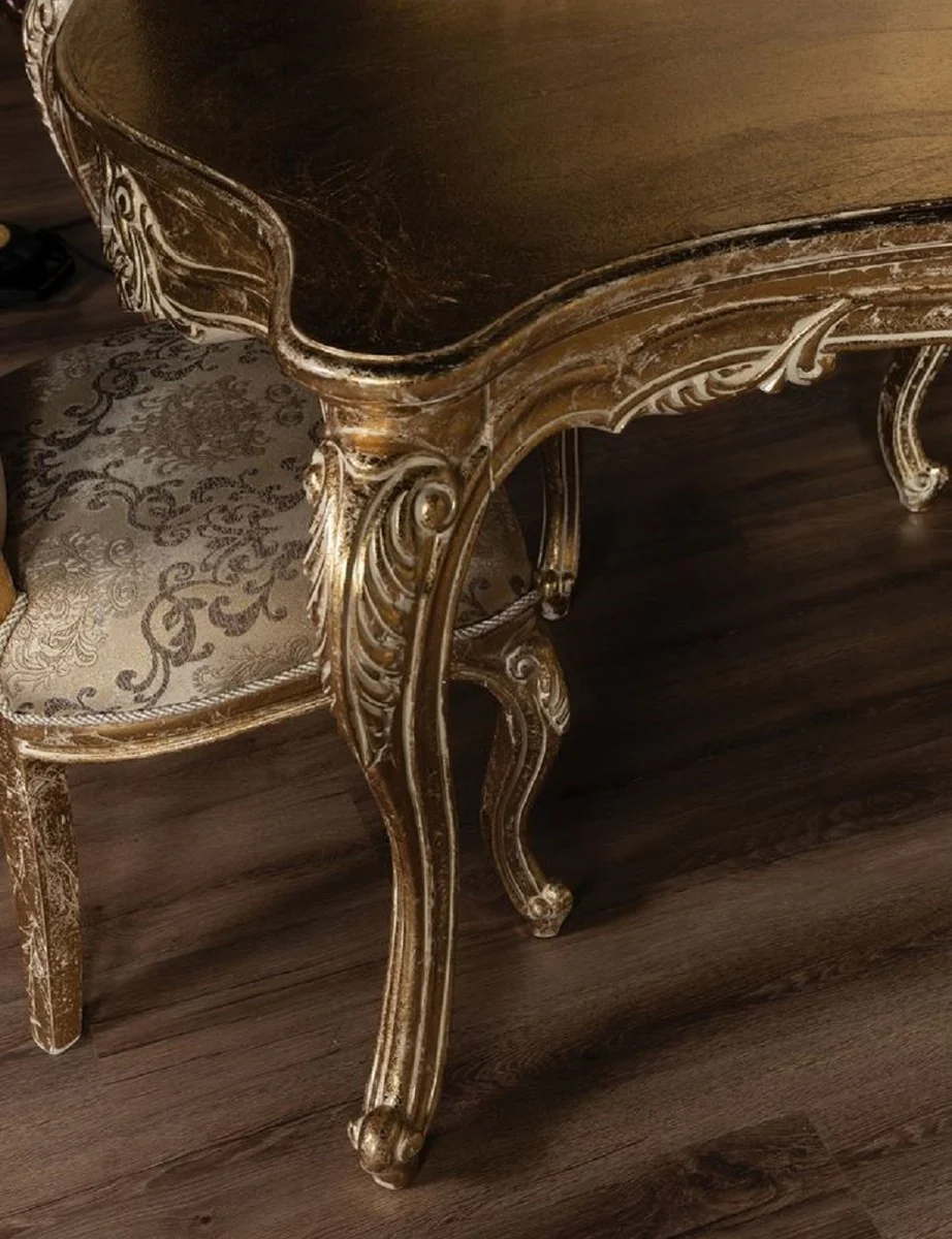 Luxury Baroque Dining Room Chair Set White / Gold / Antique Gold - Handmade Kitchen Chairs Set of 6 with Elegant Pattern - Baroque Dining Room Furniture - Noble & Magnificent