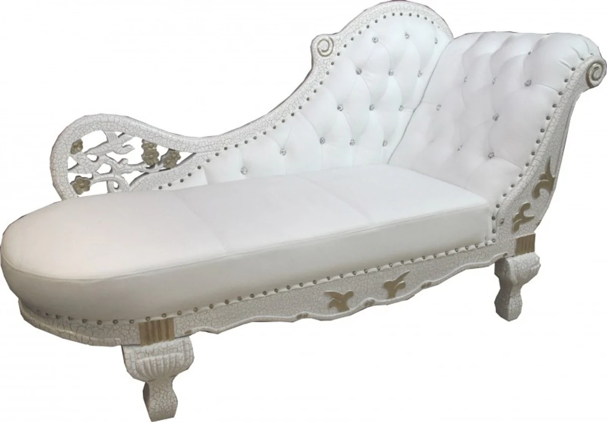 Baroque Chaise Longue White / Gold / Real Leather Chaise Lonque - Recamiere from the house - Lounger Sofa Living Room Furniture