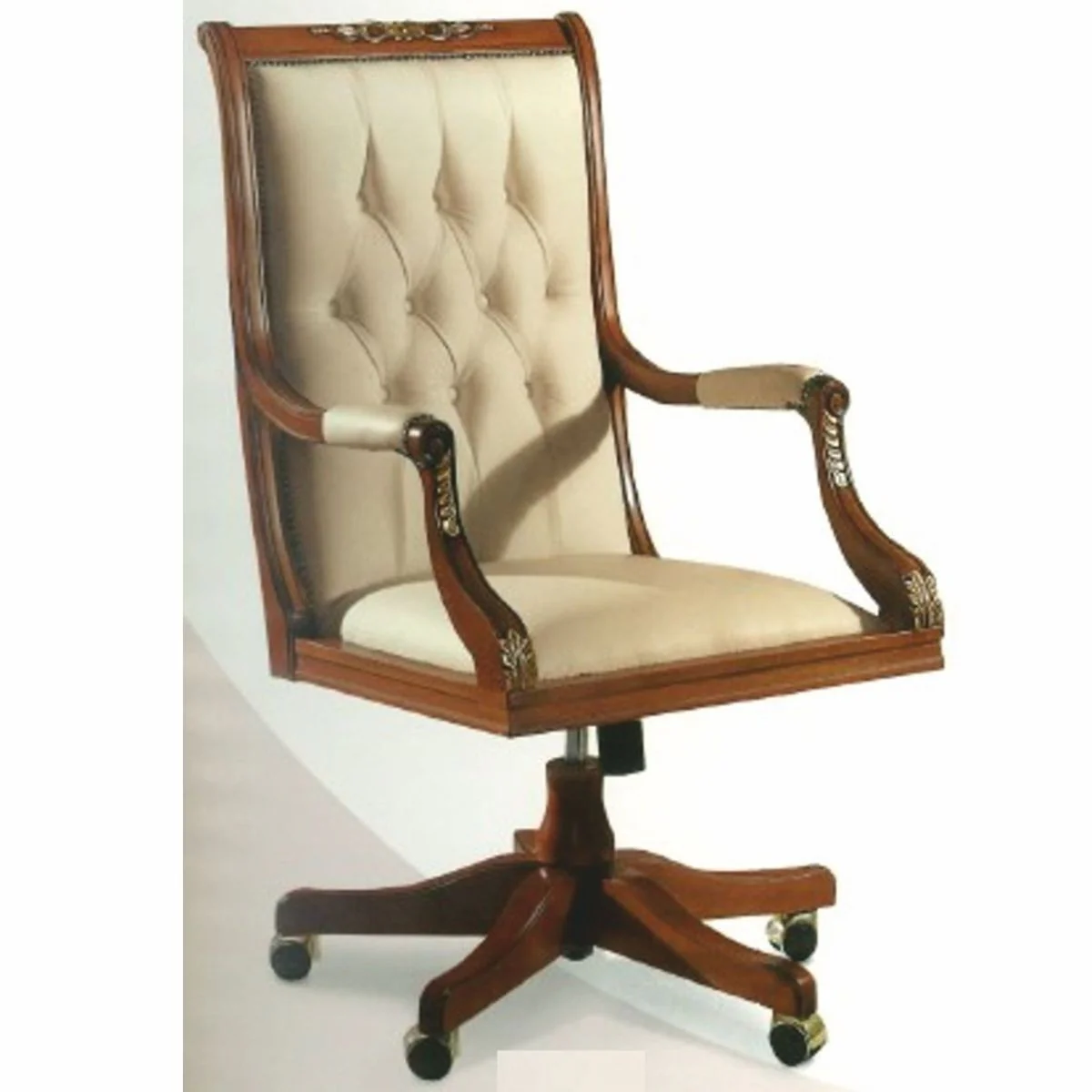 Luxury Baroque Chesterfield Leather Desk Chair Cream / Brown - Made in Italy