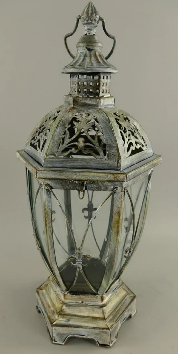 Jugendstil Laterne Antik Silber 25 x 25 x H. 58 cm - Metall Tischlaterne mit Tragegriff - Barock & Jugendstil Deko Accessoires