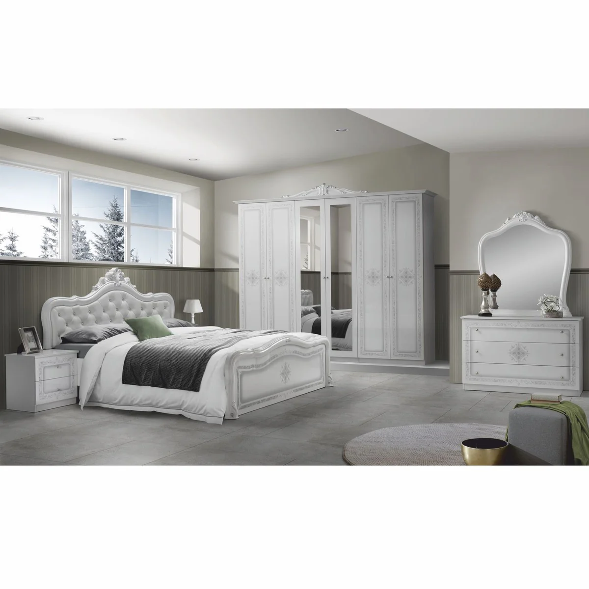 Luxury baroque double bed with rhinestones white / gray - baroque bedroom furniture