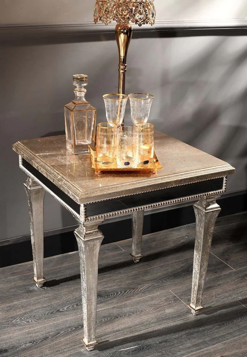Luxury baroque side table antique silver 62 x 62 x H. 60 cm - elegant solid wood table with mirror glass - luxury quality