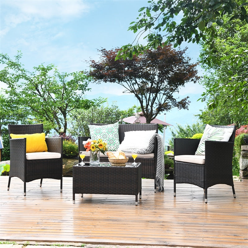 4 Pcs Outdoor Rattan Patio Conversation Set Wicker Furniture Set with Coffee Table and Cushion Sofas