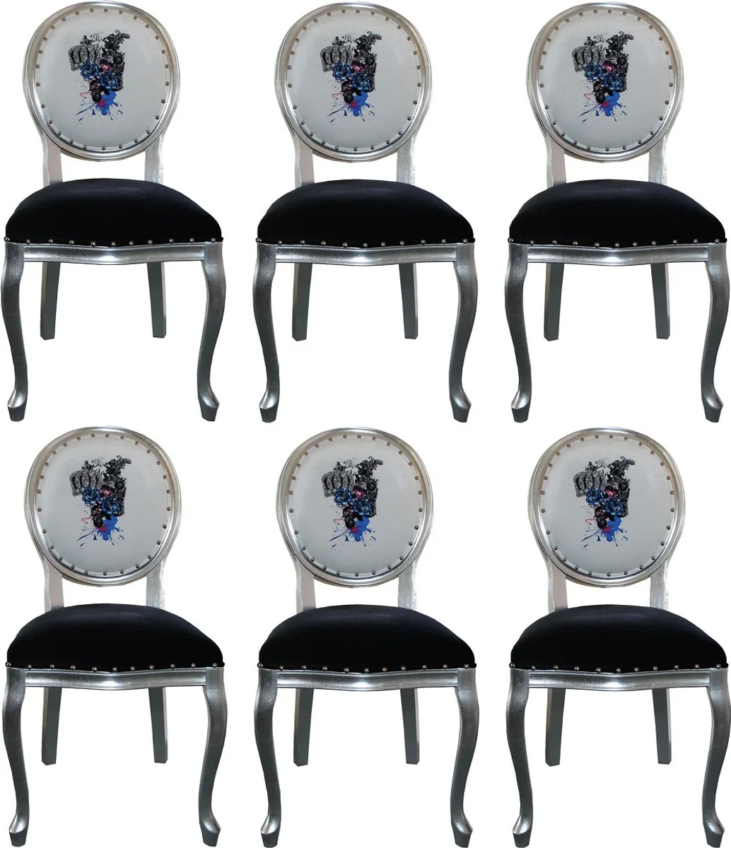 Pompöös by Luxury Baroque Dining Room Chairs Black / White / Silver 50 x 60 x H. 104 cm - Pompöös Baroque Chairs designed by Harald Glööckler - 6 dining room chairs
