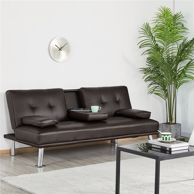 Janni 66''' Wide Faux Leather Cushion Back Convertible Sofa with Cup Holder