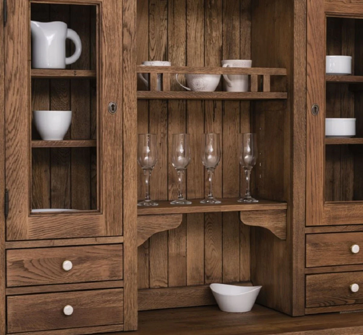 Country house style dining room cabinet dark brown 137 x 50 x H. 197 cm - solid wood kitchen cabinet - dining room furniture in country house style - country house style dining room furnishings