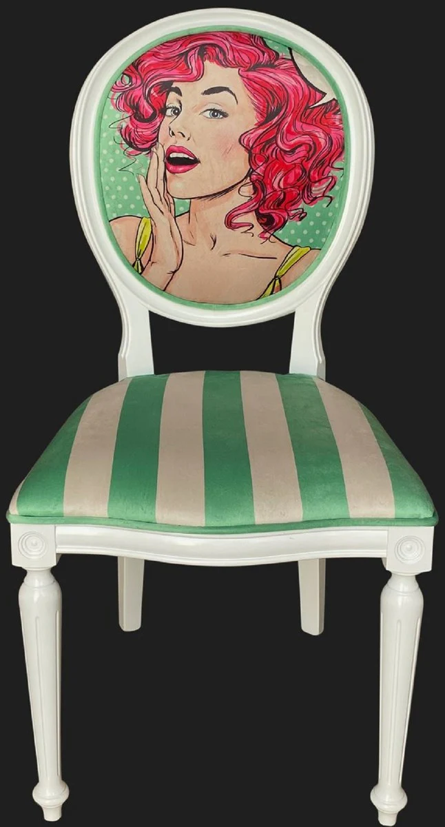 Baroque dining room chair green / cream / multicolored / white - handmade antique style chair with design and stripes - dining room furniture in baroque style