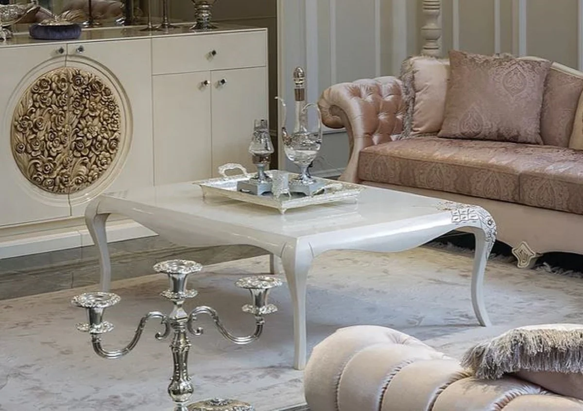 Luxury baroque coffee table white / beige 128 x 94 x H. 45 cm - Elegant solid wood living room table in baroque style - Baroque furniture