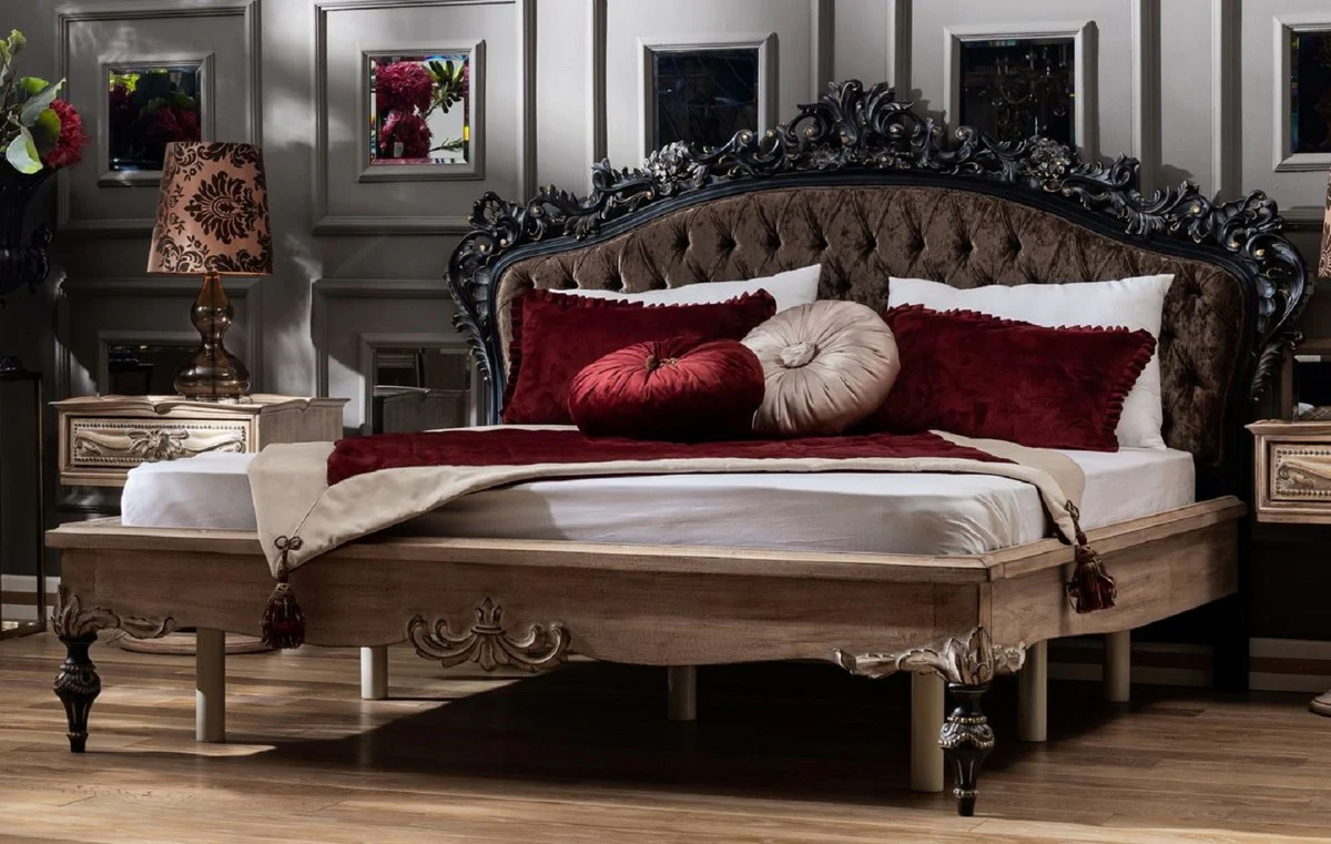 Luxury baroque double bed dark brown / natural colors / black / gold - elegant solid wood bed with headboard - magnificent bedroom furniture in the baroque style