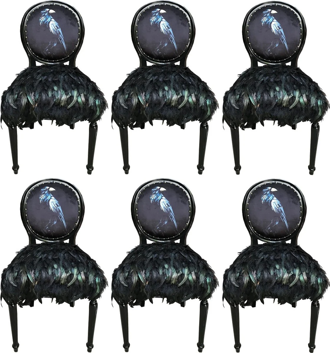 Luxury Baroque Dining Room Chair Set Crow Black 50 x 60 x H. 104 cm - Handmade Kitchen Chairs with Artificial Feathers - Baroque Dining Room Furniture