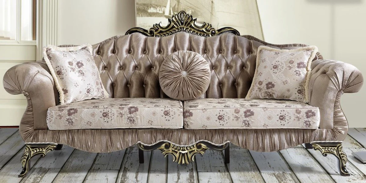 Baroque sofa brown / beige / black / gold 227 x 81 x H. 110 cm - Magnificent living room sofa with floral pattern - Baroque style furniture