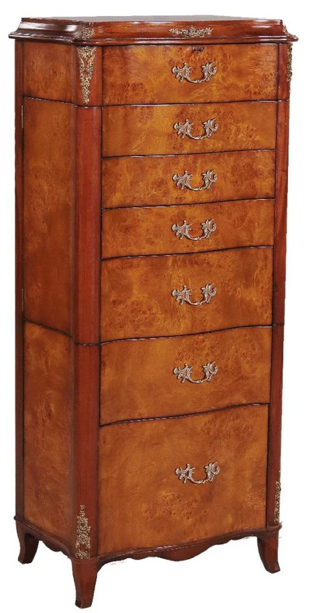 Luxury baroque jewelry chest of drawers light brown / brown / silver 56 x 36 x H. 128 cm - Noble solid wood chest of drawers with mirror - Baroque style jewelry cabinet - Baroque furniture