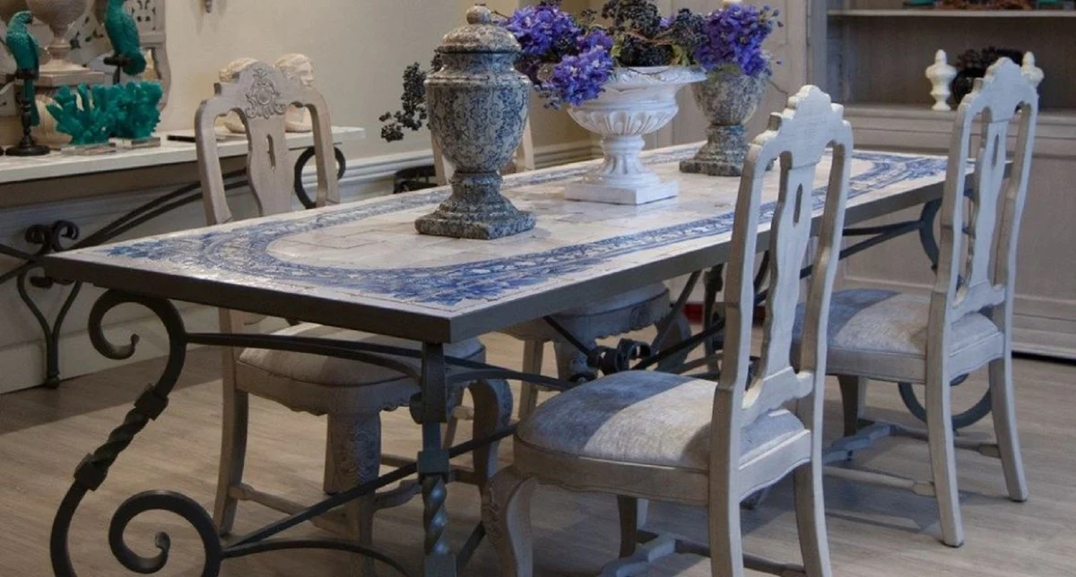 Luxury Baroque Dining Table - Handcrafted Wrought Iron Kitchen Table with Natural Stone Mosaic Tiles Table Top - Garden Table - Patio Table - Dining Room Garden Patio Furniture