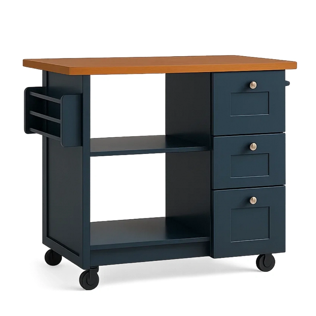 Rechteckige Kücheninsel mit Regalen und Schubladen, blau-naturfarbenes Holz, mit Rollen, 120 x 60 x 90 cm, für die private Küche - km0AjGvoRLSb