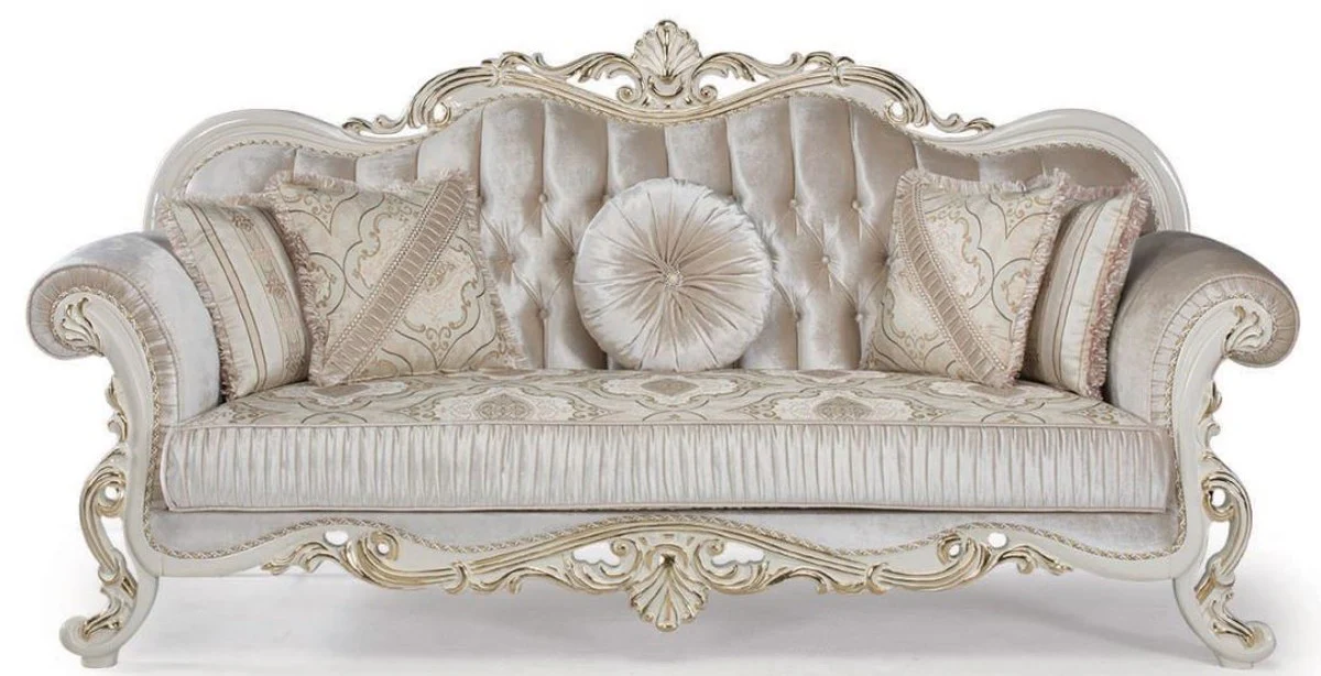 Luxury baroque sofa multicolored / white / gold 227 x 90 x H. 118 cm - living room sofa with decorative pillows - living room furniture in the baroque style