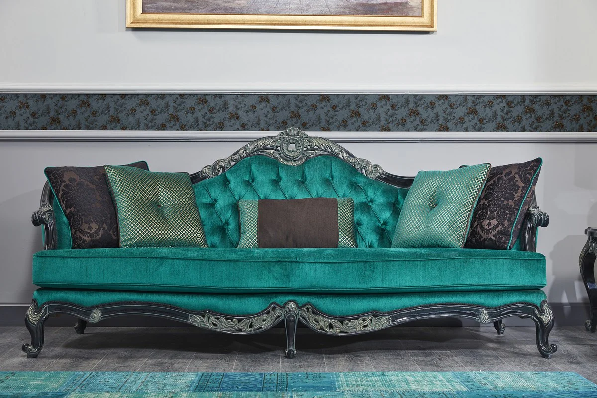 Luxury Baroque Chesterfield sofa green / black / gold 240 x 88 x H. 105 cm - living room furniture in the baroque style