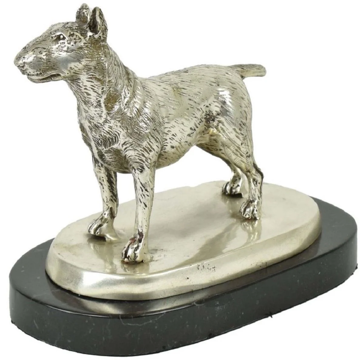 Luxus Deko Bronzefigur Bullterrier Hund Silber / Schwarz 19 x 10 x H. 15 cm - Bronze Skulptur mit Marmorsockel - Dekofigur - Deko Accessoires