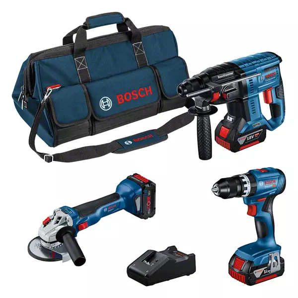 BOSCH COMBI-SET 3 TOOLs: GSB + GWS + GBH + 2 GBA 18V 5.0AH BATTERIES + PROCORE18V 5.5AH + GAL PROFESSIONAL