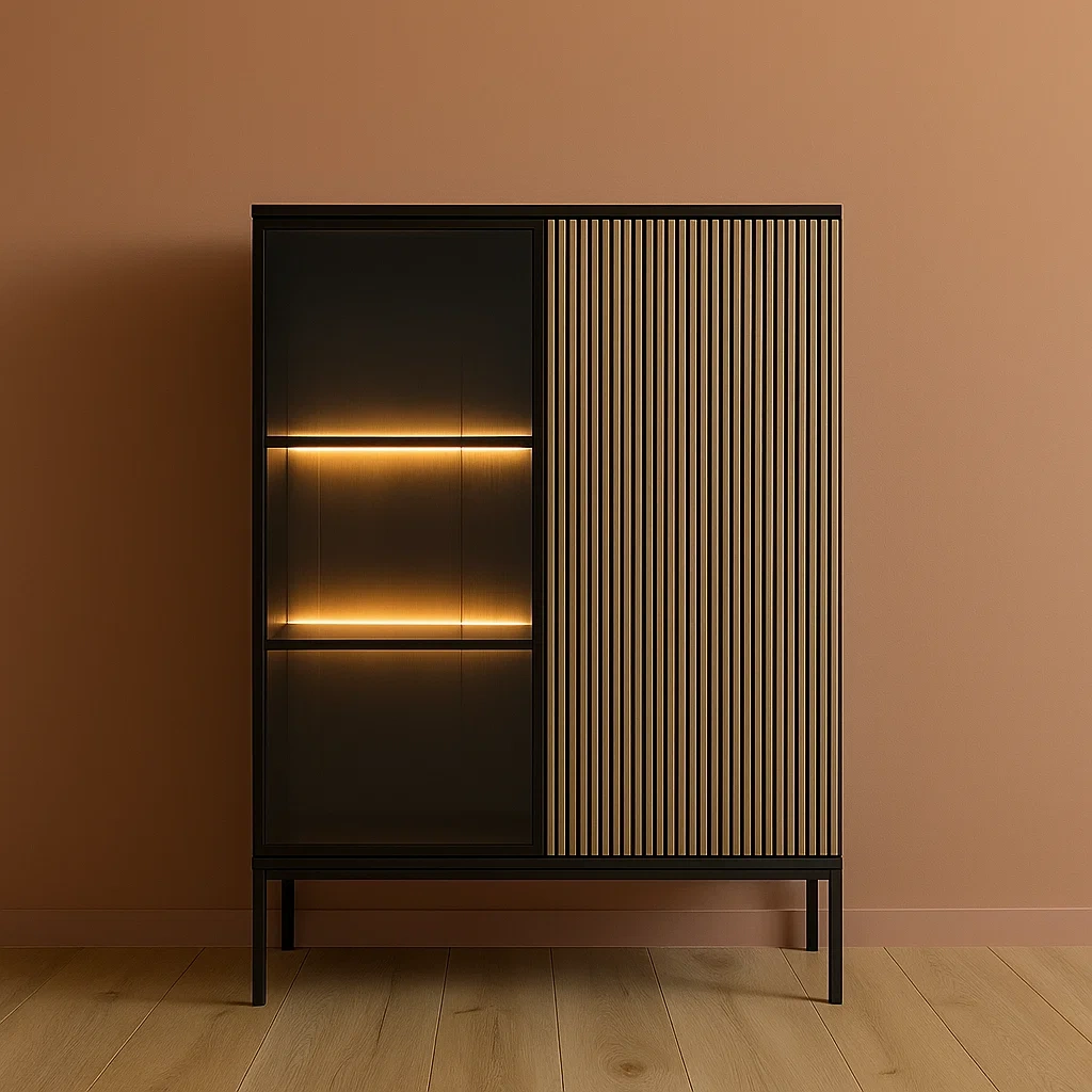 Vitrine mit LED-Beleuchtung, natürlichem Licht und schwarzer Farbe, aus MDF, Melamin und gehärtetem Glas für das Wohnzimmer, 103,5 × 39 × 125,5 cm - FiXcTgCRm3R7