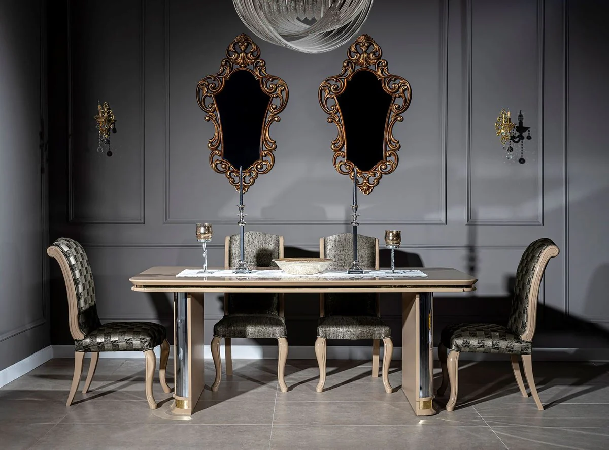 Luxury Art Deco Dining Room Set Beige / Gold - 1 Dining Table & 6 Dining Chairs - Handcrafted Art Deco Dining Room Furniture