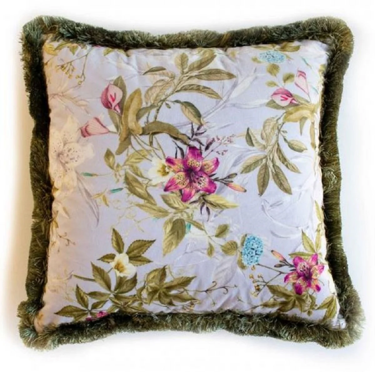 Luxus Deko Kissen Blumen Design Grau / Mehrfarbig / Grün 45 x 45 cm - Bedrucktes Samt Kissen mit Fransen - Deko Accessoires