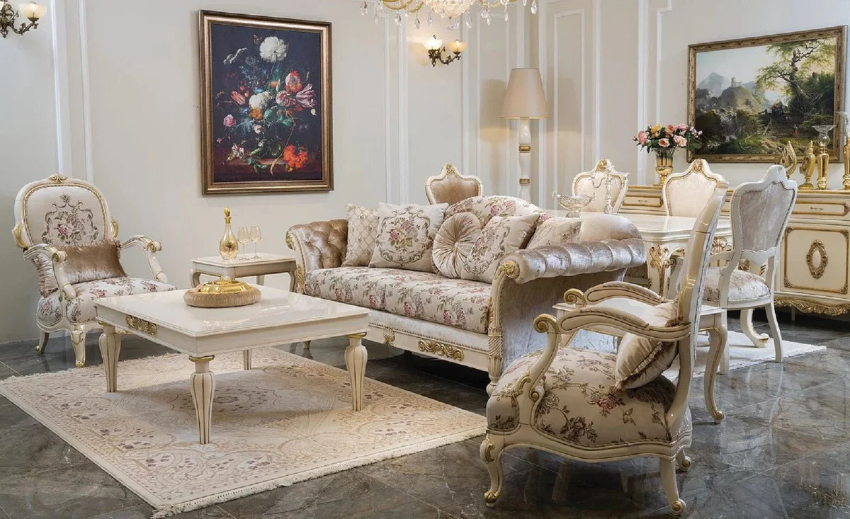 Luxury Baroque Living Room Set Cream / Pink / White / Gold - 2 Sofas & 2 Armchairs - Handcrafted Living Room Furniture in Baroque Style - Noble & Magnificent
