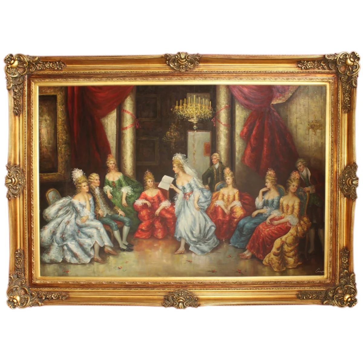 Huge hand-painted baroque oil painting literary evening gold splendor frame 225 x 165 x 10 cm - solid material