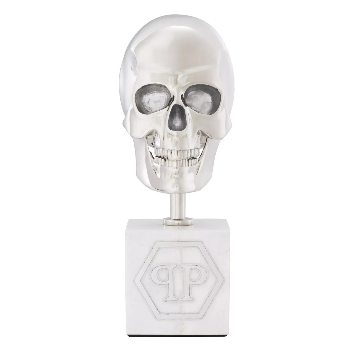Philipp Plein Luxus Designer Deko Totenkopf Platinfarben / Weiß H. 20cm - Skull Skulptur aus Marmorsockel