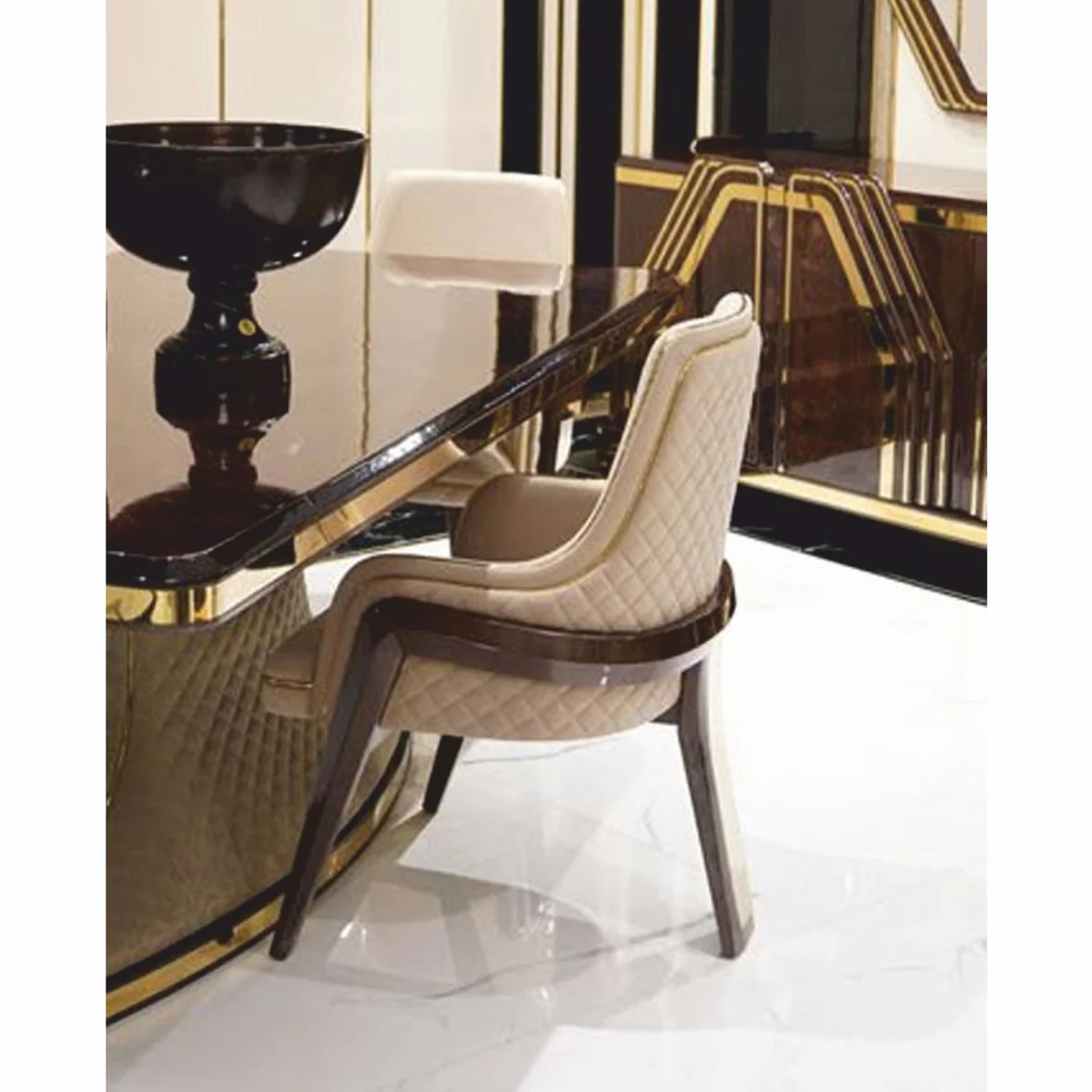 Luxury Art Deco dining chair with armrests beige / dark brown / gold