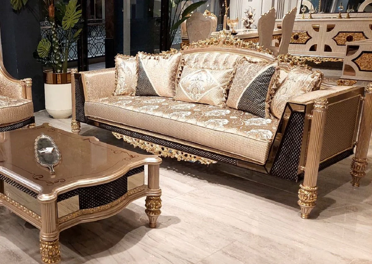 Luxus Barock Wohnzimmer Set Gold / Schwarz / Grau / Gold - 2 Barock Sofas & 2 Barock Sessel & 1 Barock Couchtisch - Luxus Wohnzimmer Möbel im Barockstil - Barock Möbel