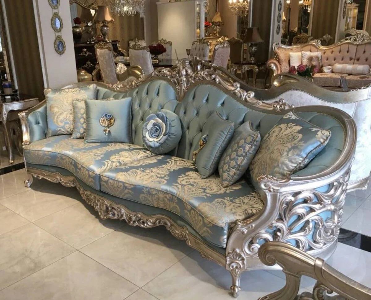 Luxury baroque living room sofa light blue / beige / silver 295 x 95 x H. 115 cm - Magnificent sofa in baroque style - Noble baroque living room furniture