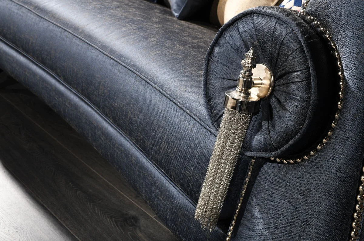 Luxury baroque living room sofa blue / silver / black 300 x 94 x H. 88 cm - noble & magnificent