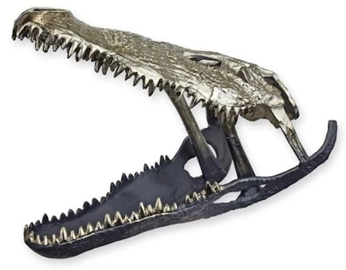 Luxus Aluminium Deko Skulptur Krokodil Schädel Silber / Schwarz 54,5 x 27 x H. 38,4 cm - Aluminium Deko Figur - Wohnzimmer Deko - Schreibtisch Deko