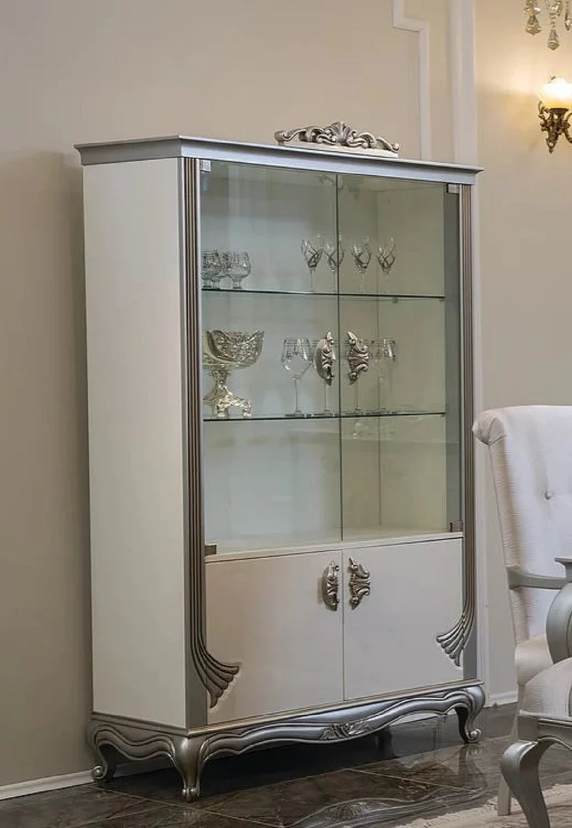 Luxury baroque display cabinet white / silver 111 x 49 x H. 193 cm - noble solid wood display cabinet with 4 doors - baroque furniture