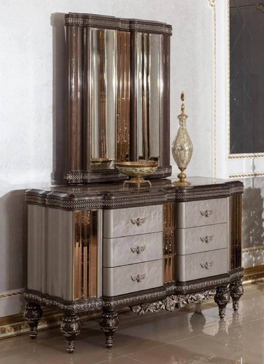 Luxury Baroque chest of drawers with mirror gray / dark brown / gold - Baroque style bedroom chest of drawers with mirror - Luxury bedroom furniture in Baroque style - Baroque furniture - Noble & magnificent